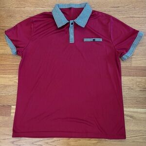 Unbranded Polo Shirt Men’s XL Red w/ Houndstooth Trim Faux Pocket Collared Top